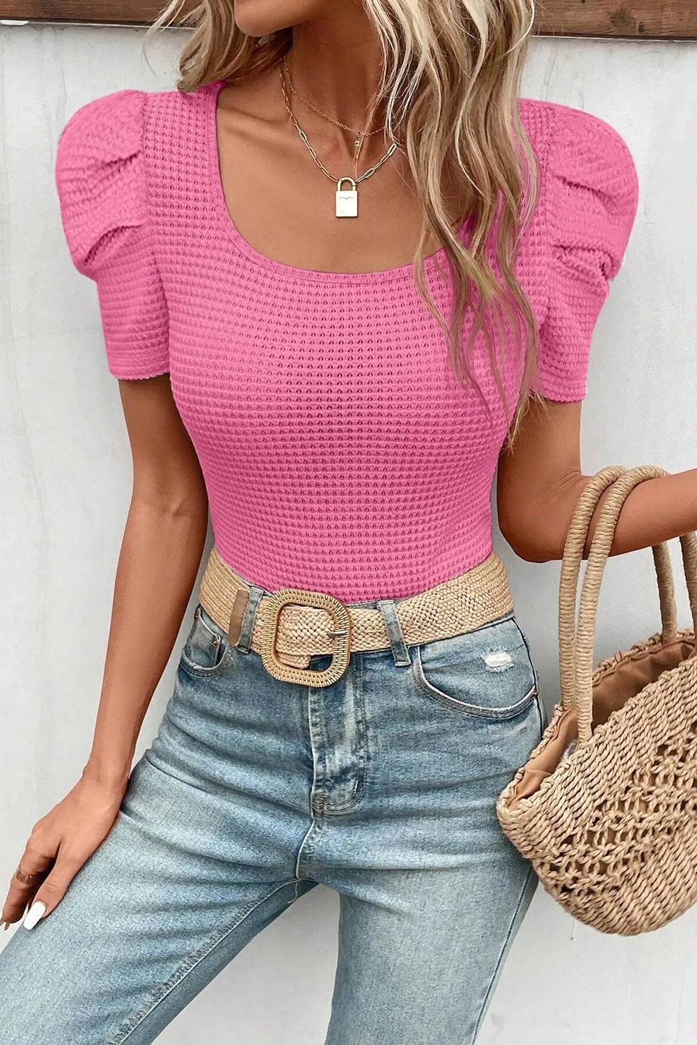 Bright Pink Waffle Knit Ruched Puff Sleeve Top - Chic Meadow Boutique 