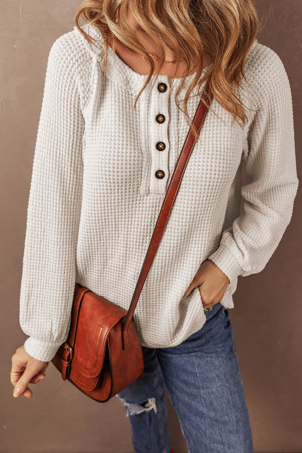 Oatmeal Waffle Knit Buttoned Front Raglan Sleeve Loose Blouse - Chic Meadow Boutique 