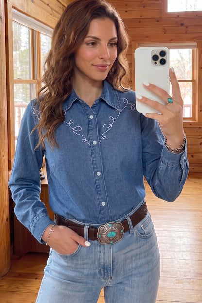 Dusk Blue Western Embroidered Collar Long Sleeve Denim Shirt