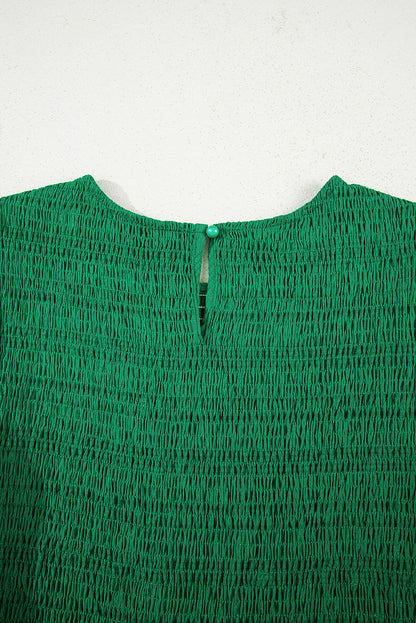 Dark Green Solid Textured Smocked Puff Short Sleeve High Waist Long Dress