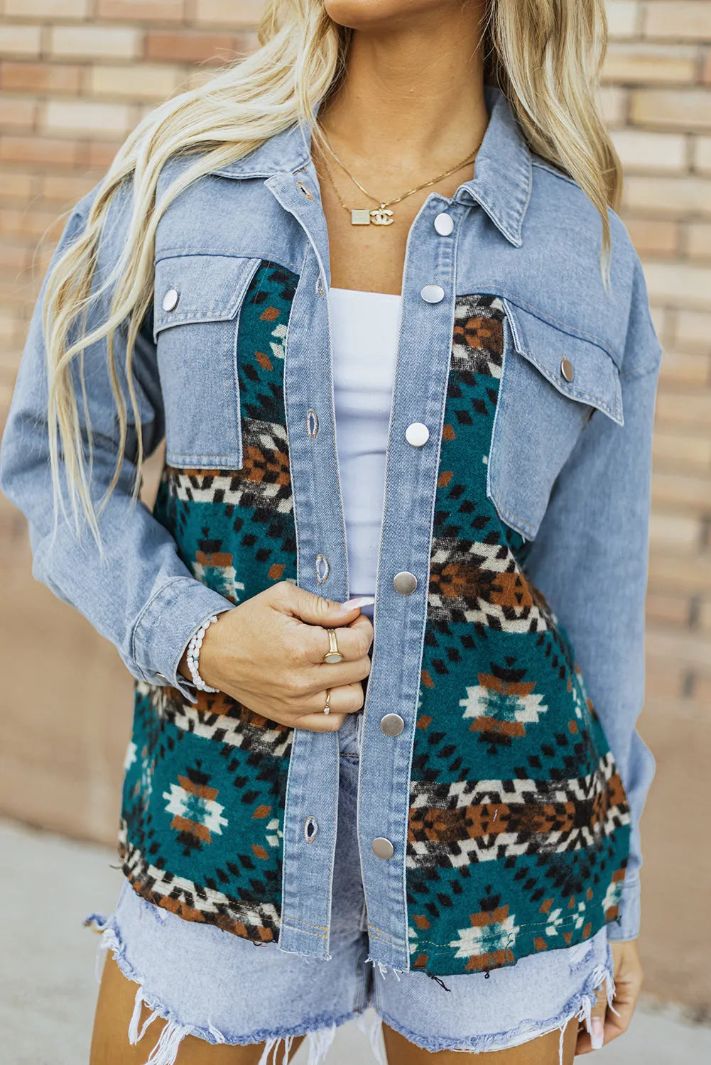 Blue Aztec Printed Denim Jacket - Chic Meadow Boutique 