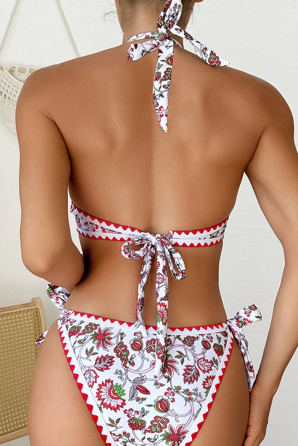 Red Floral Halter O-Ring Backless Knot Bikini Set - Chic Meadow Boutique 