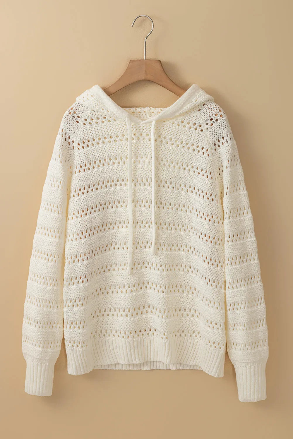 White Pointelle Knit Raglan Sleeve Hooded Sweater - Chic Meadow Boutique 