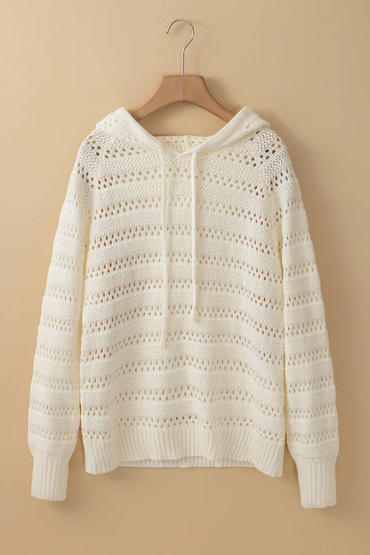 White Pointelle Knit Raglan Sleeve Hooded Sweater - Chic Meadow Boutique 