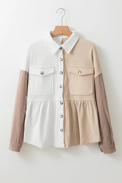 Khaki Corduroy Colorblock Button up Loose Shacket - Chic Meadow Boutique 