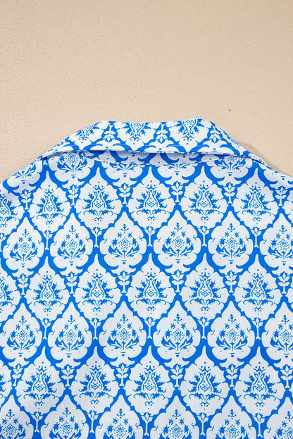 Sky Blue Western Print Zipped Collar Short Sleeve Summer Blouse Top