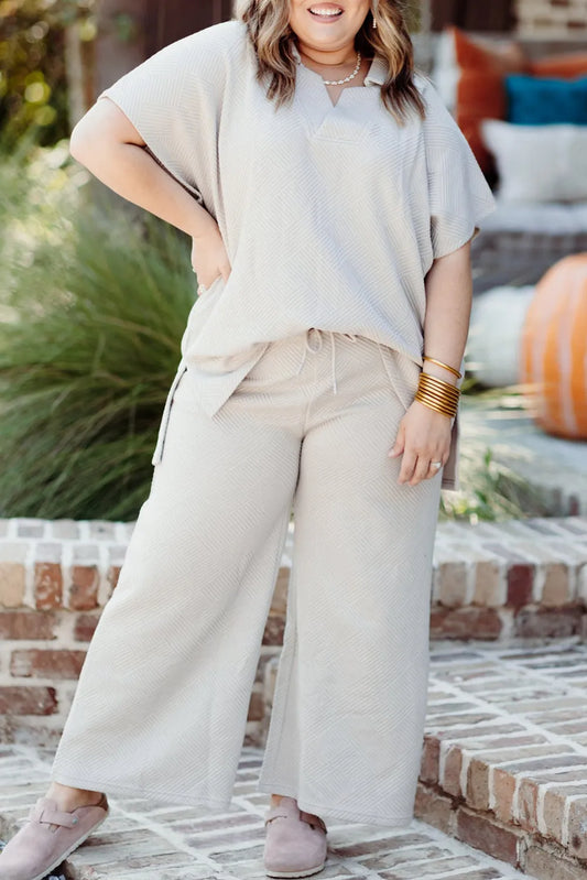 Beige Plus Size Textured Collared Top and Pants Set - Chic Meadow Boutique 