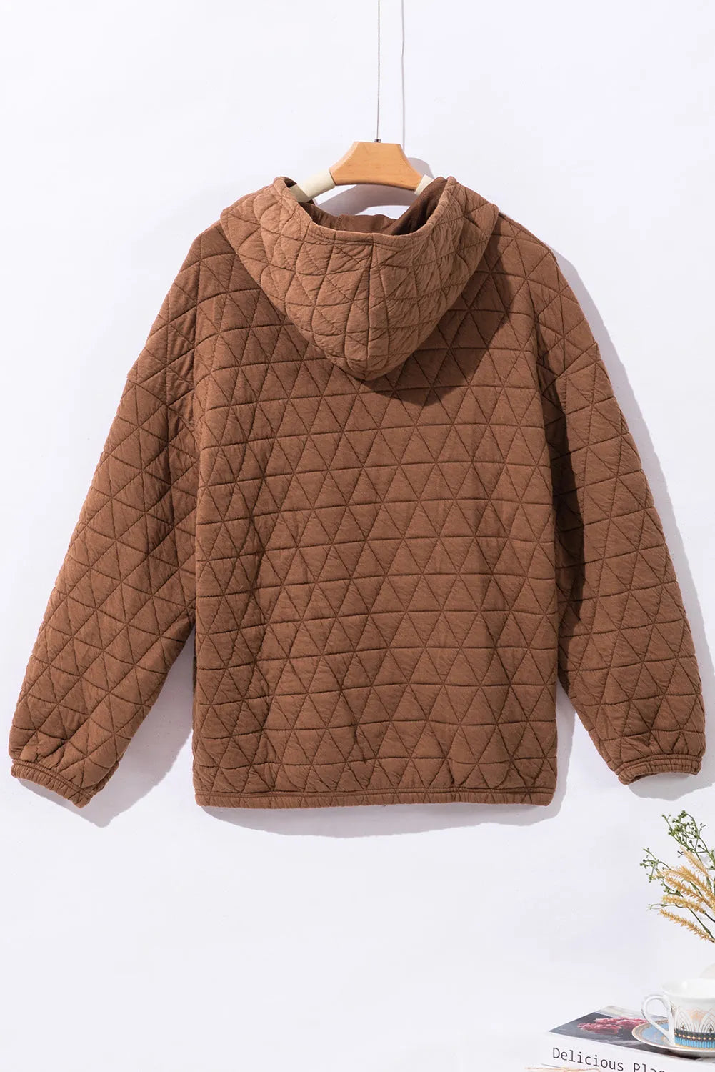 Coffee Solid Color Quilted Kangaroo Pocket Hoodie - Chic Meadow Boutique 