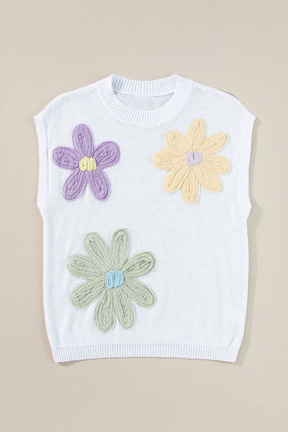 White Multi Crochet Flower Knit Short Sleeve Sweater Tops - Chic Meadow Boutique 