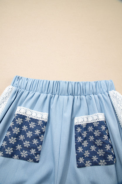 Beau Blue Lace Accent Floral Patched Pocket Pleated Wide Leg Slouchy Pants