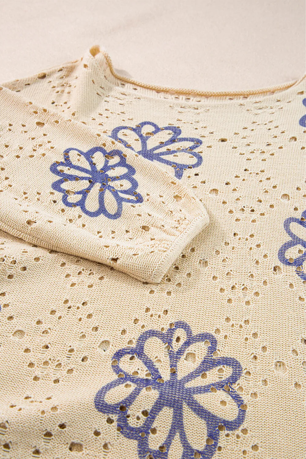 Beige Contrast Flower Print Eyelet Drop Shoulder Sweater - Chic Meadow Boutique 