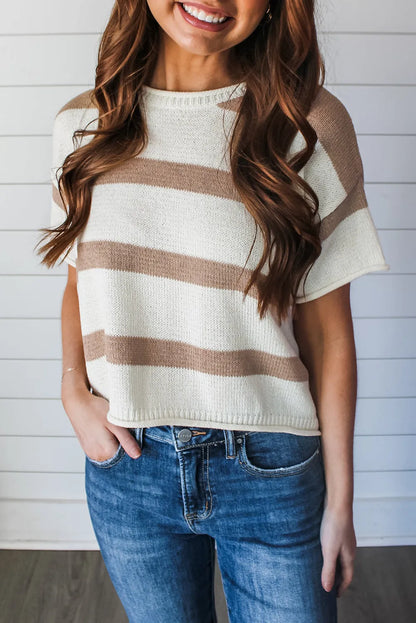 Khaki Stripe Dropped Short Sleeve Lightweight Knitted Top - Chic Meadow Boutique 