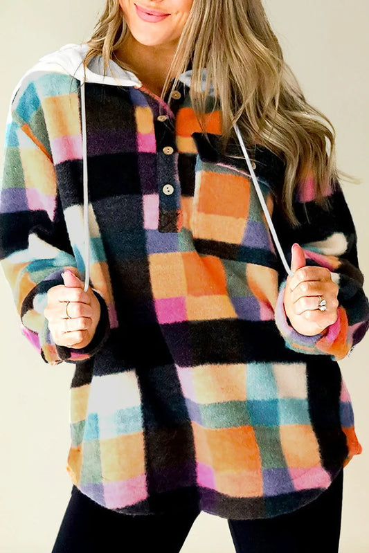 Multicolour Plaid Color Block Flap Pocket Buttoned Hoodie - Chic Meadow Boutique 