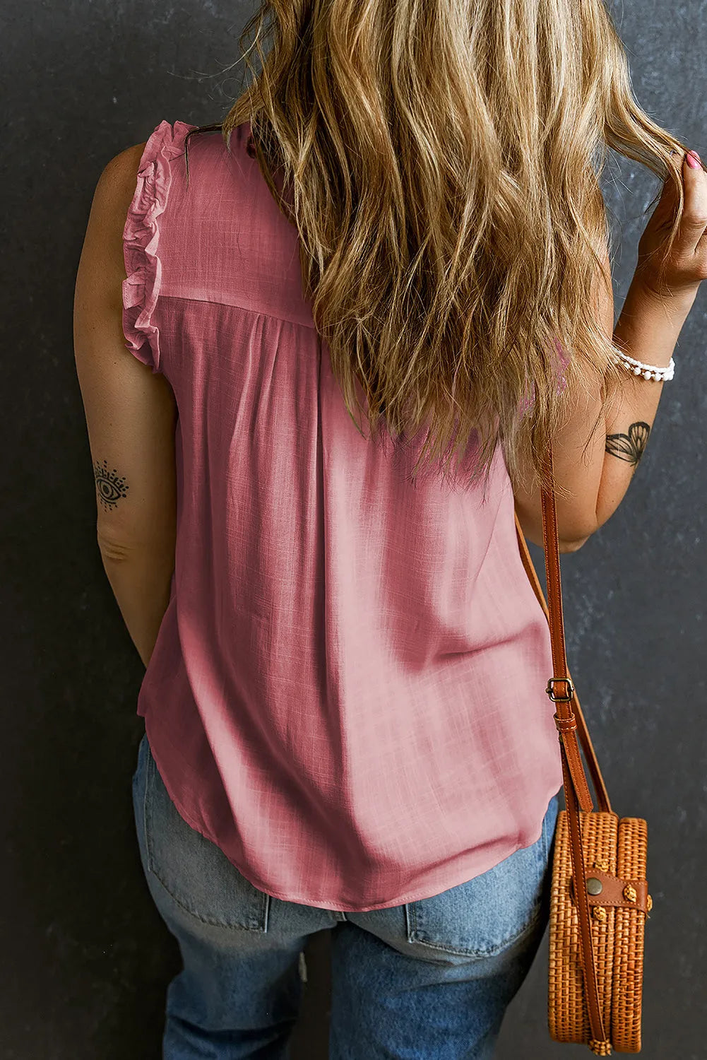 Pink Button Split Neck Ruffled Trim Tank Top - Chic Meadow Boutique 