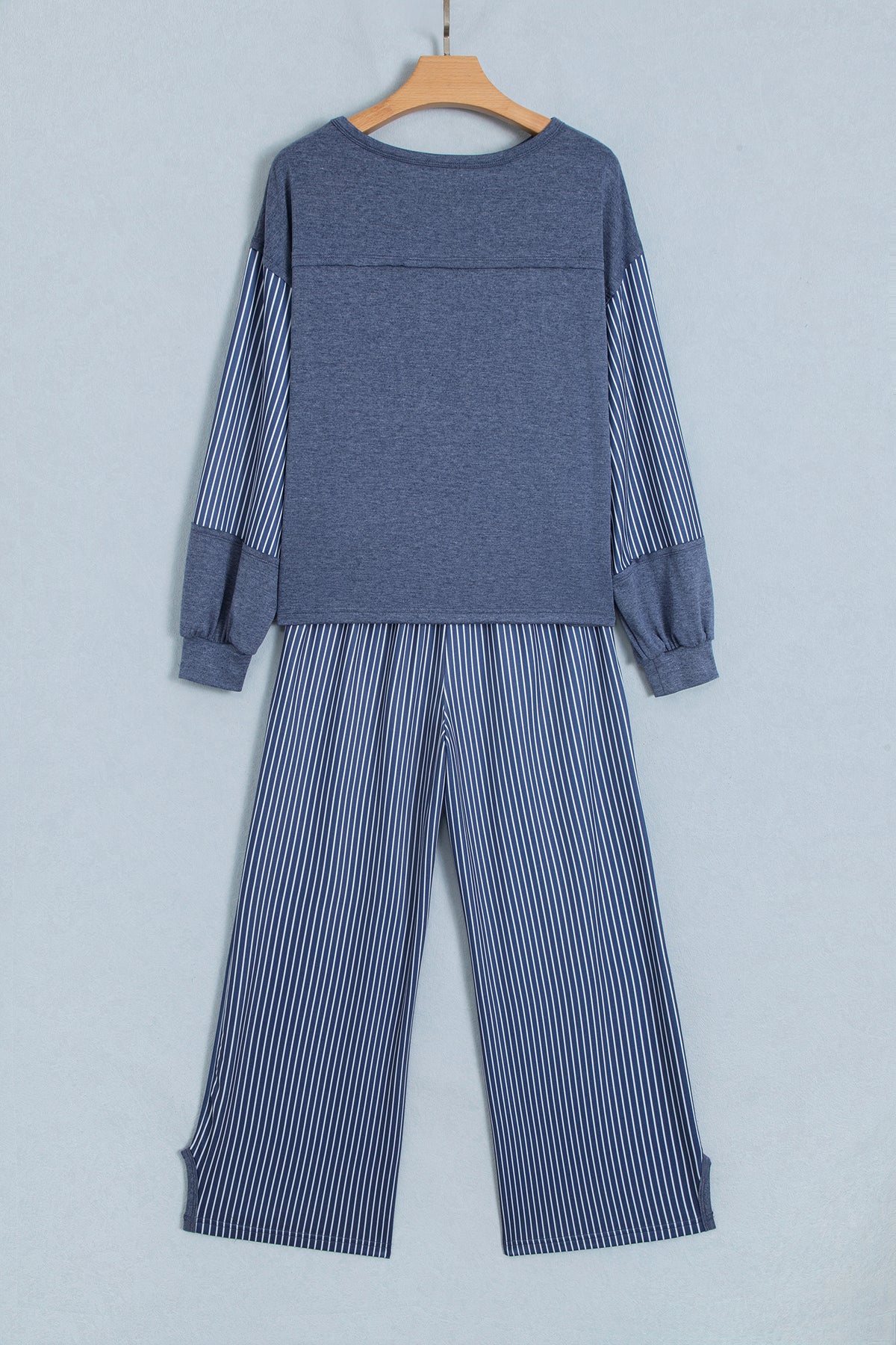 Real Teal Raw Seam Patchwork Long Sleeve Top Pocket Casual Pants 2pcs Set
