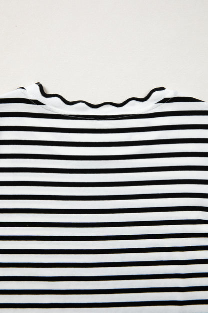 Black Stripe Scalloped Trim Round Neck T Shirt