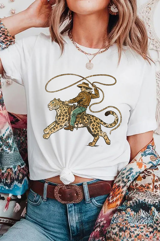 White Leopard Rodeo Cowboy Graphic Casual Tee