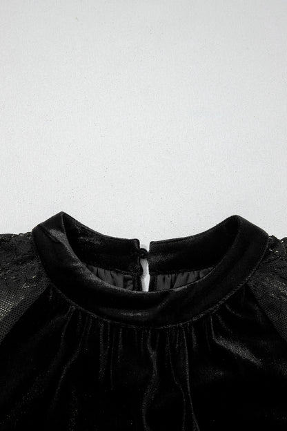 Color Black Solid Color Sheer Lace Long Sleeve Patchwork Stand Neck Velvet Blouse