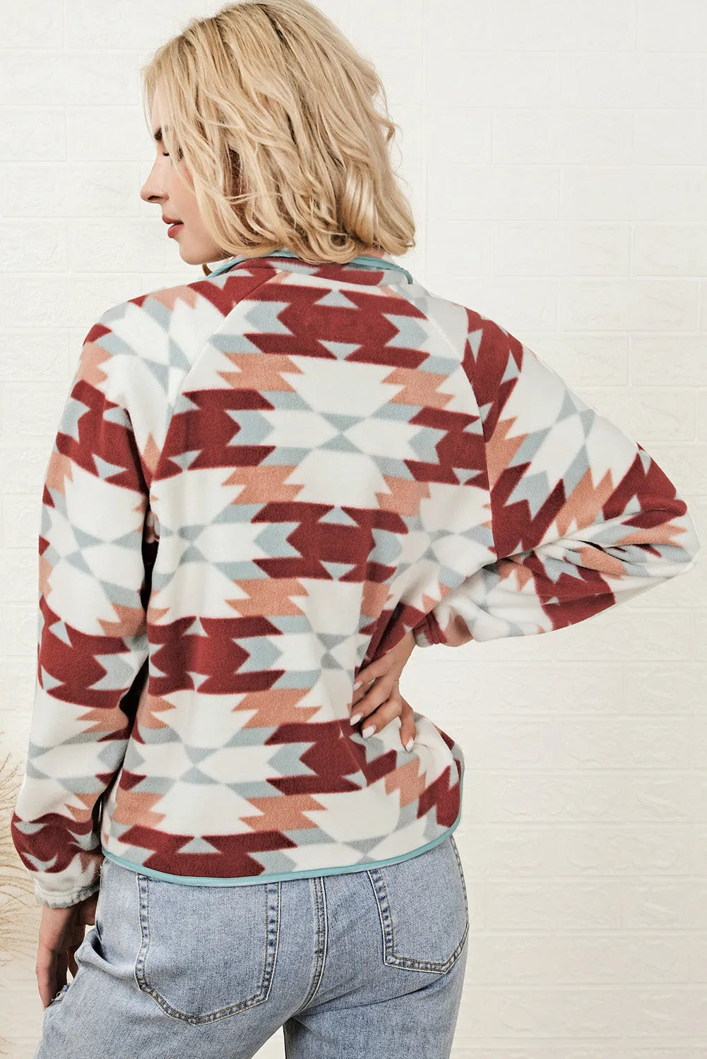 Fiery Red Western Aztec Buttoned Zipper Pockets Fleece Jacket - Chic Meadow Boutique 