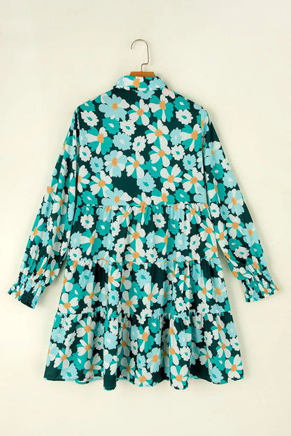 Green Floral Tiered Long Puff Sleeve Shirt Dress - Chic Meadow Boutique 