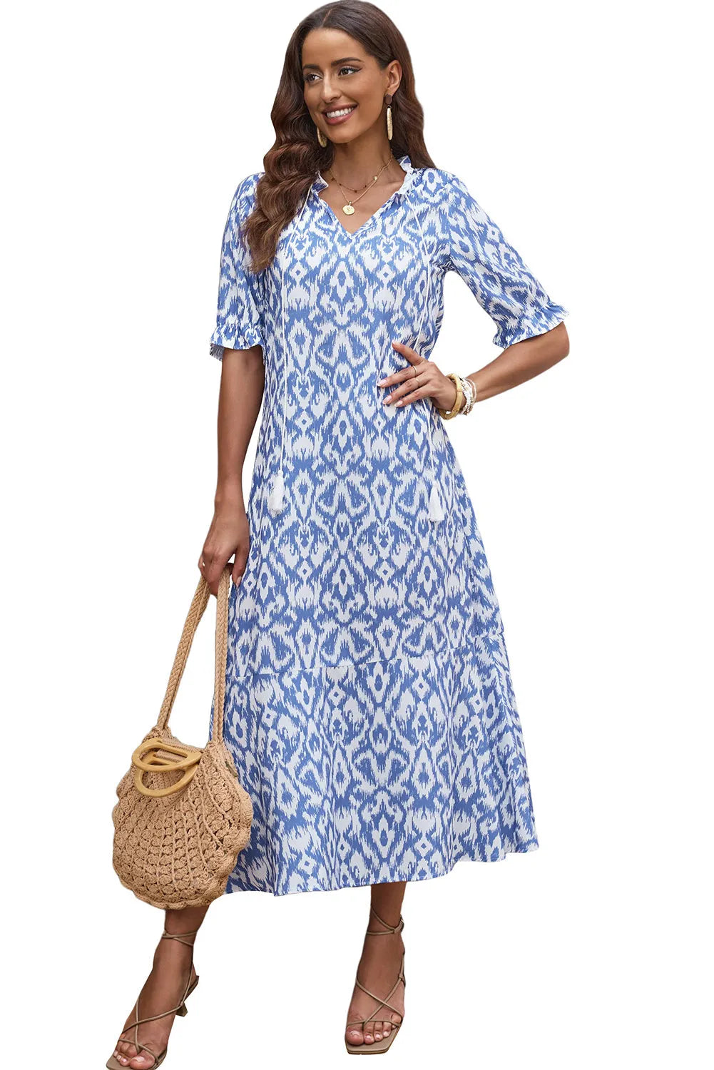 Sky Blue V Neck Casual Geometric Print Maxi Dress - Chic Meadow Boutique 