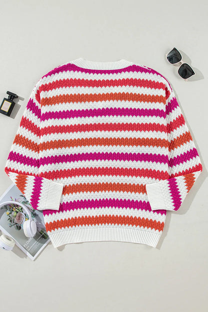 Pink Stripe V Neck Drop Shoulder Plus Size Sweater - Chic Meadow Boutique 