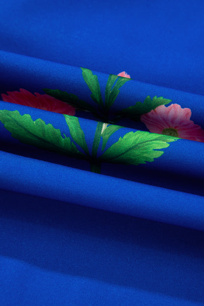 Blue Floral Short Sleeve Split Neck Loose Mini Dress