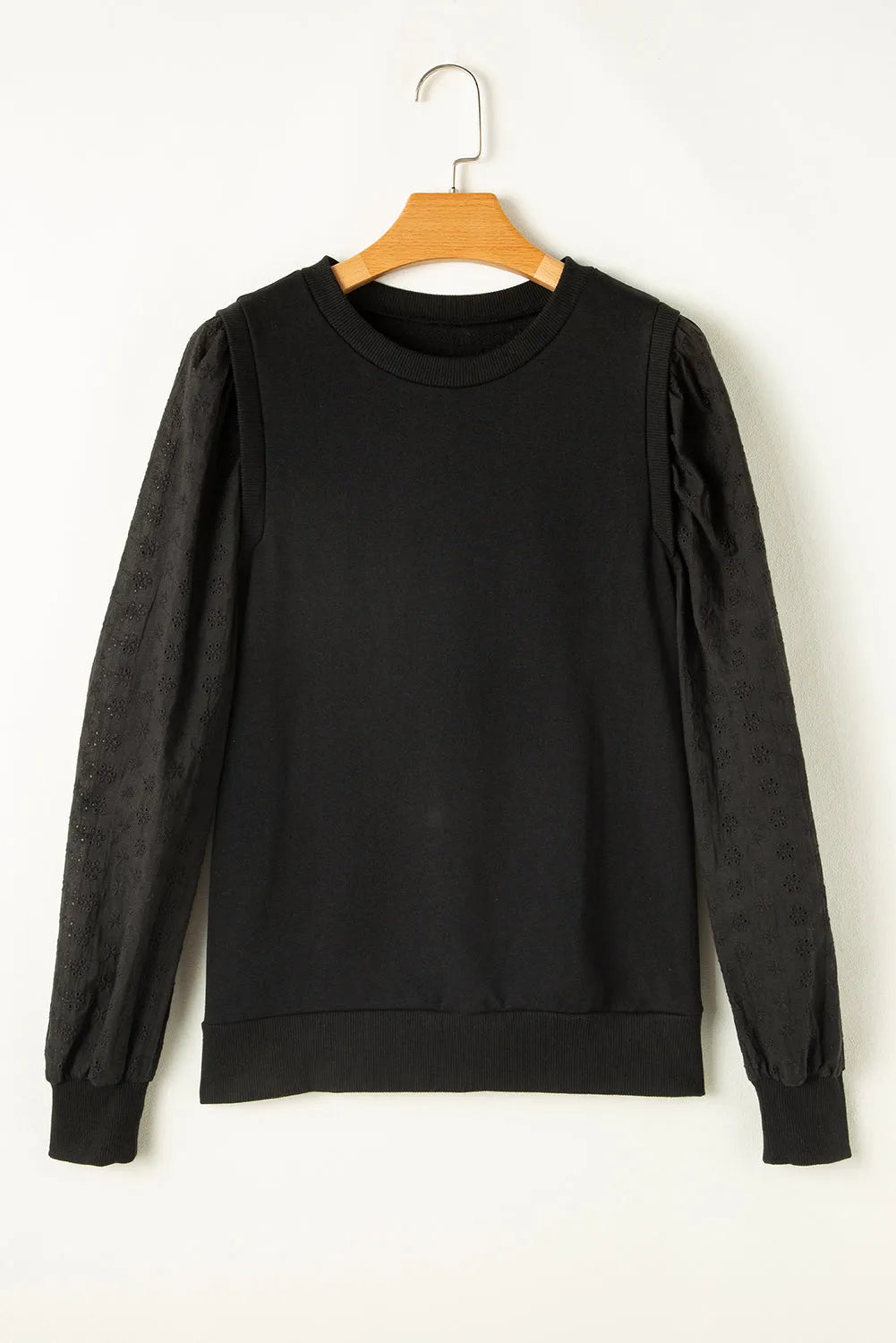 Black Textured Patchwork Round Neck Sweatshirt - Chic Meadow Boutique 