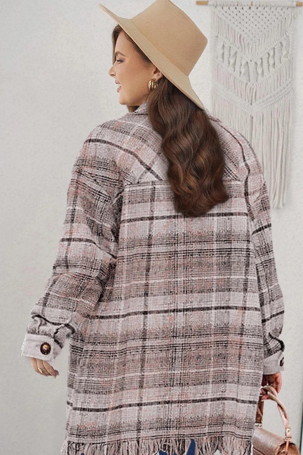 Plus Size/Plus Size Outerwear Pink Plus Size Macrame Plaid Coat