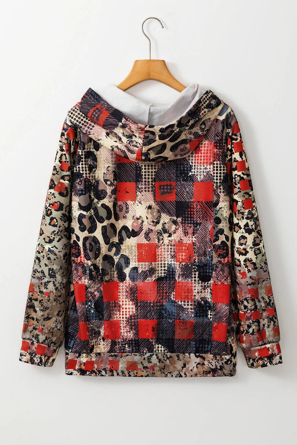 Brown Leopard Plaid Bleached Print Kangaroo Pocket Hoodie - Chic Meadow Boutique 