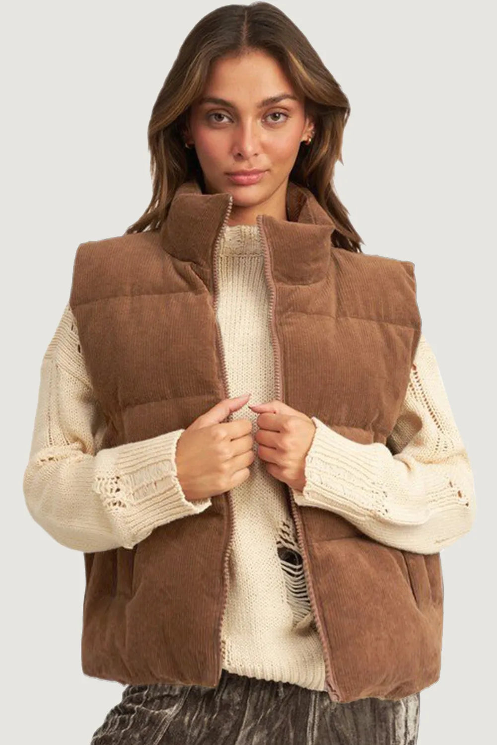 Coffee Corduroy Stand Neck Zipped Puffer Vest - Chic Meadow Boutique 