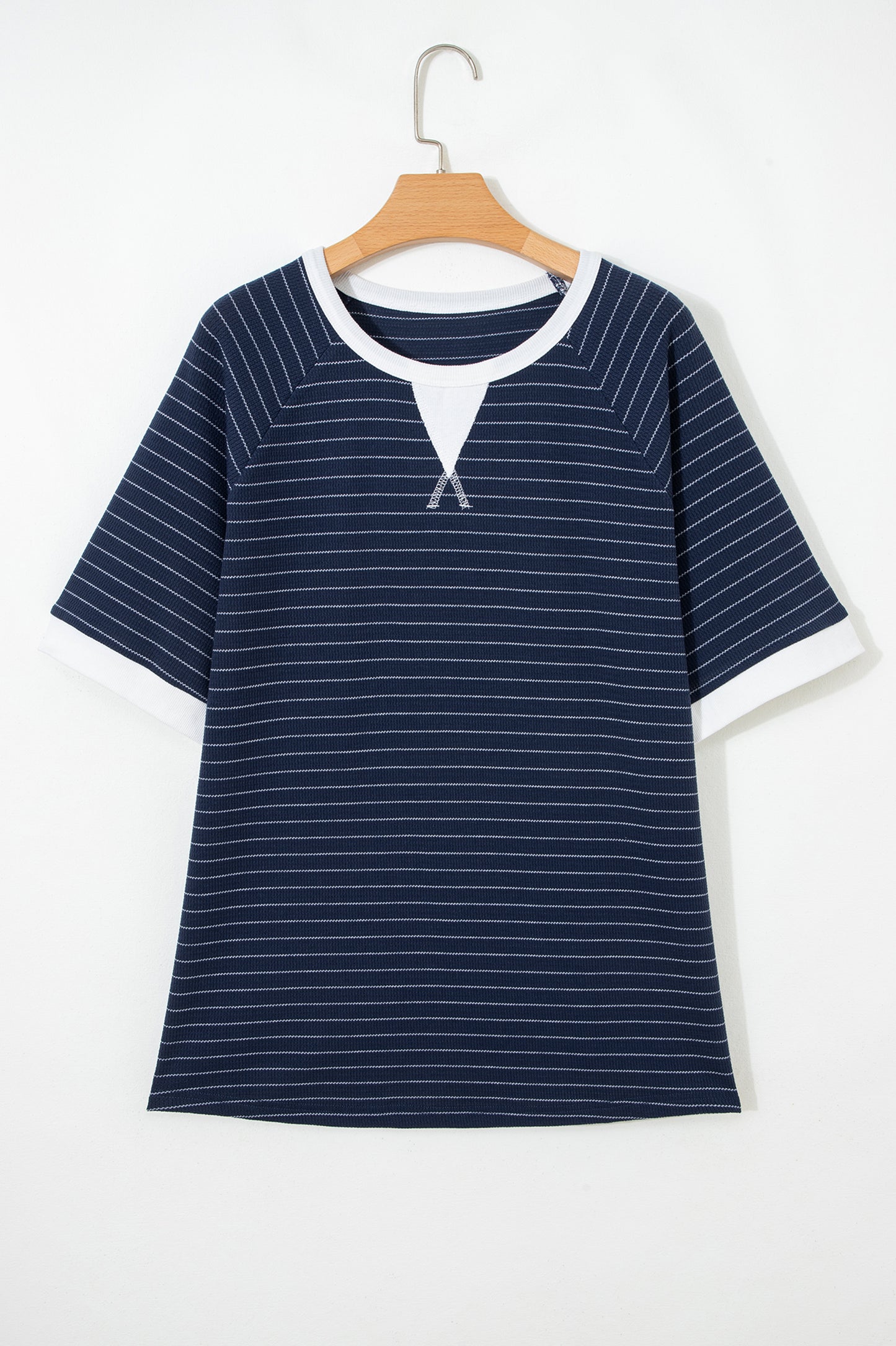 Blue Stripe Contrast Trim Plus Size Ribbed T Shirt