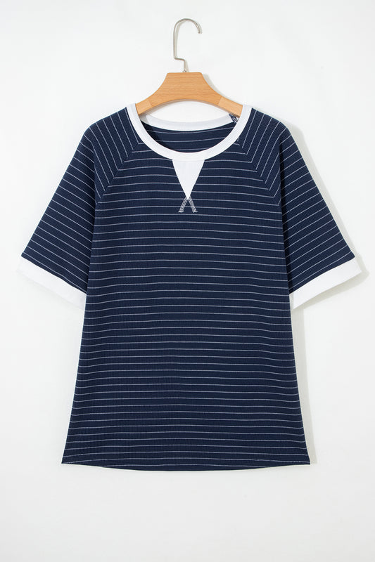 Blue Stripe Contrast Trim Plus Size Ribbed T Shirt