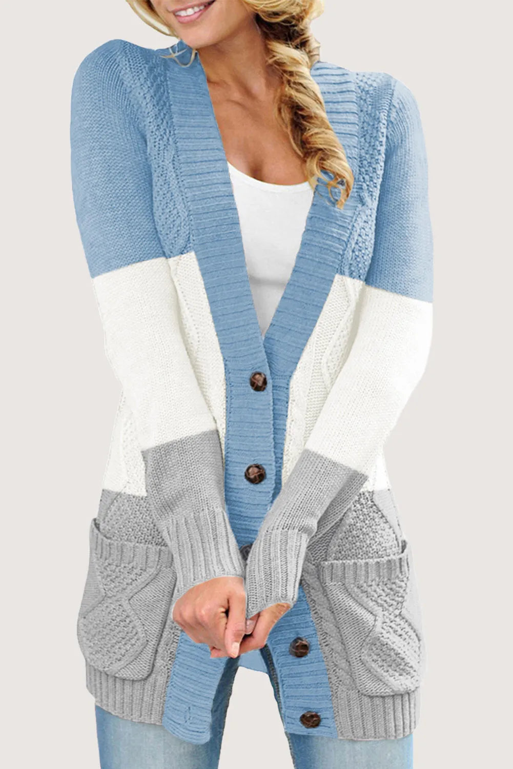 Blue Front Pocket and Buttons Closure Cardigan - Chic Meadow Boutique 