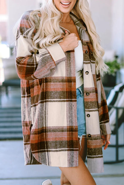 Brown Plaid Print Flap Pockets Long Shacket - Chic Meadow Boutique 