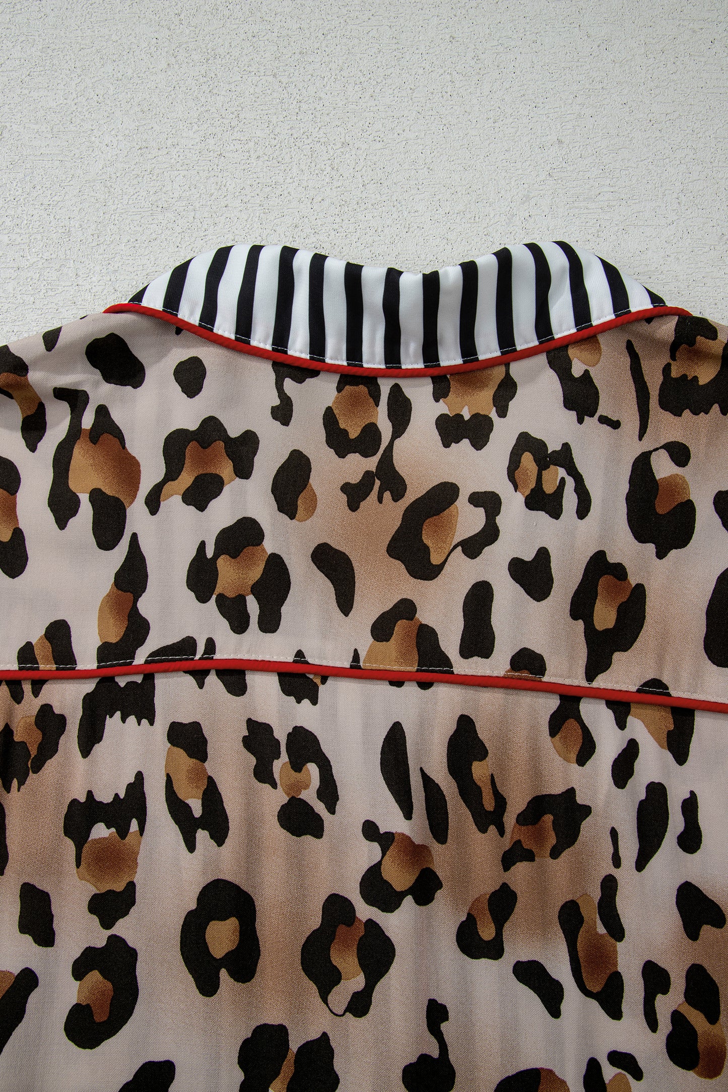Khaki Plus Leopard Print Contrast Piping Striped Patchwork 2pcs Long Pajama Set