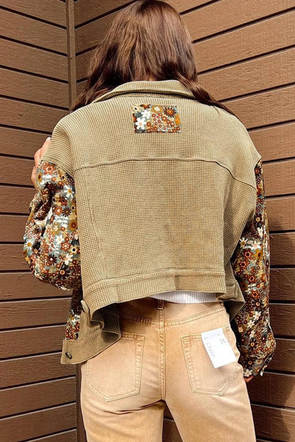 Outerwear/Jackets Khaki Waffle Knit Floral Print Patchwork Button up Jacket