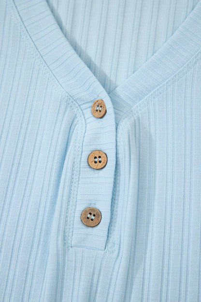 Beau Blue Ribbed Button V Neck Tank Top and Shorts Set