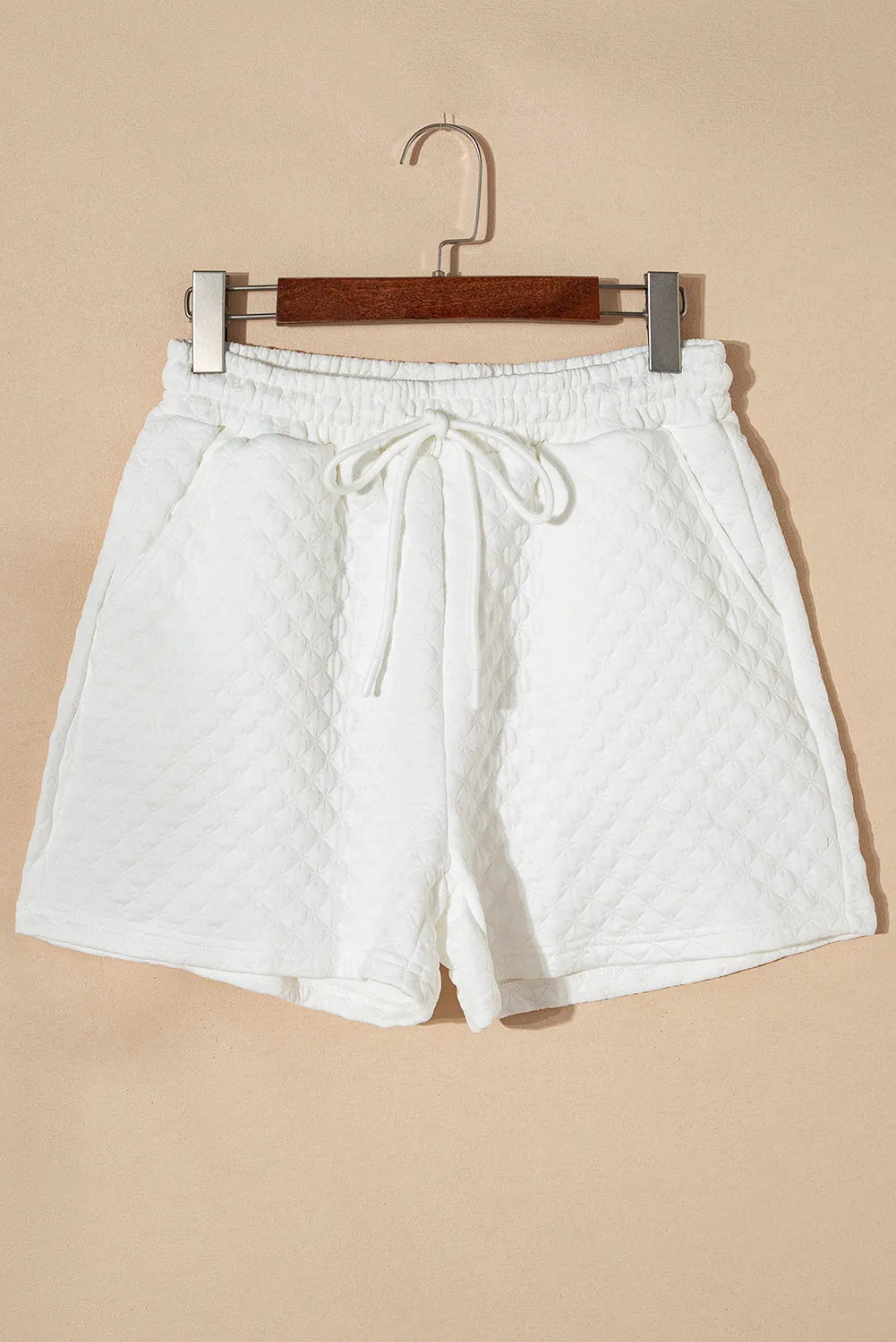 White Textured Notch V Neck Drawstring Shorts Set - Chic Meadow Boutique 