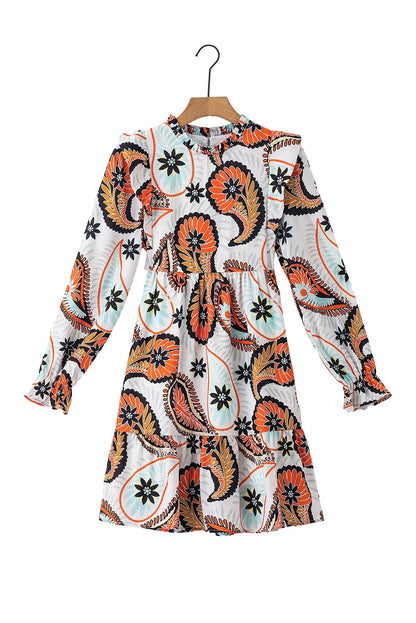 White Printed Boho Paisley Floral Print Puff Sleeve Mini Dress - Chic Meadow Boutique 