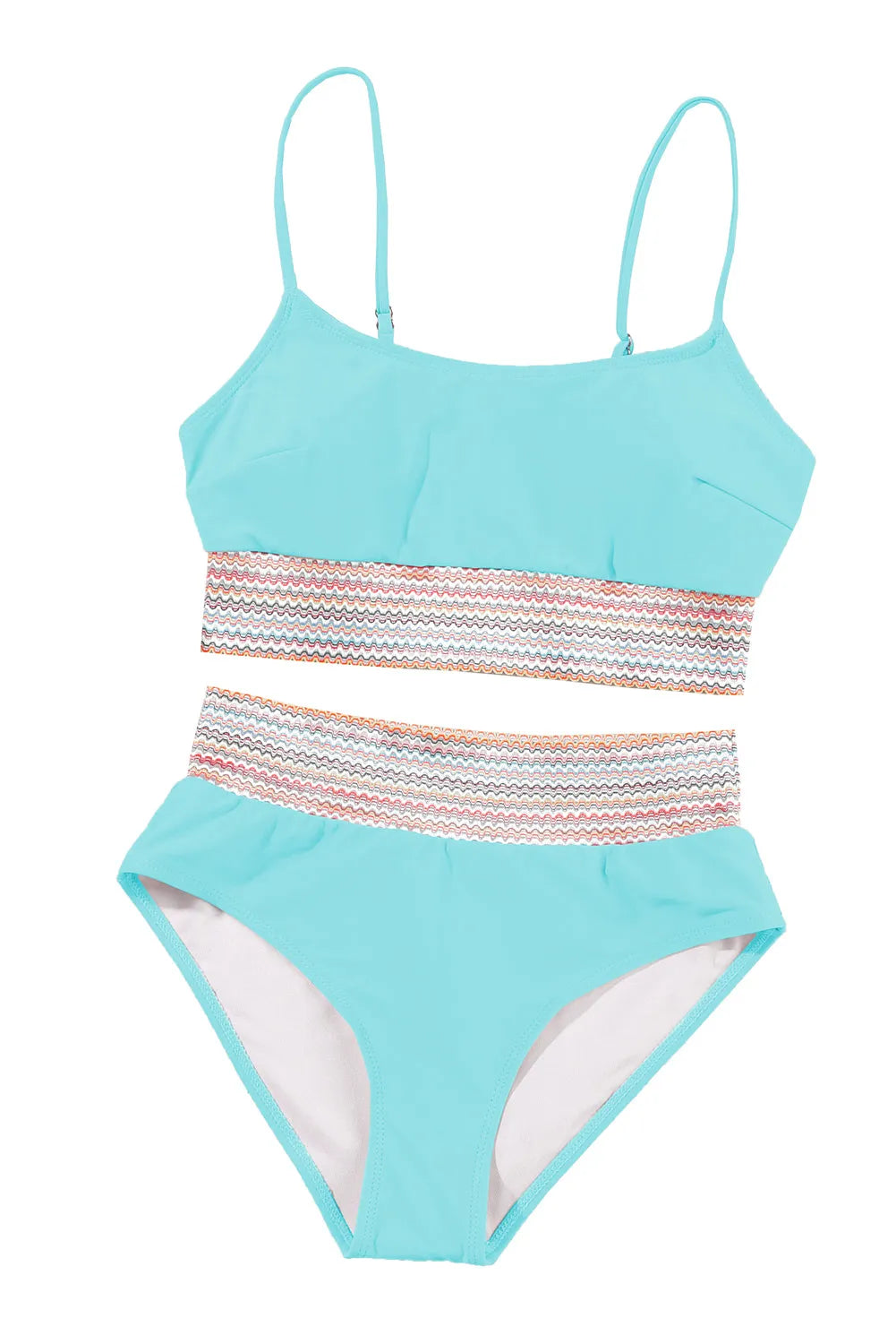 Sky Blue Striped Patchwork Spaghetti Strap High Waist Bikini Swimsuit - Chic Meadow Boutique 