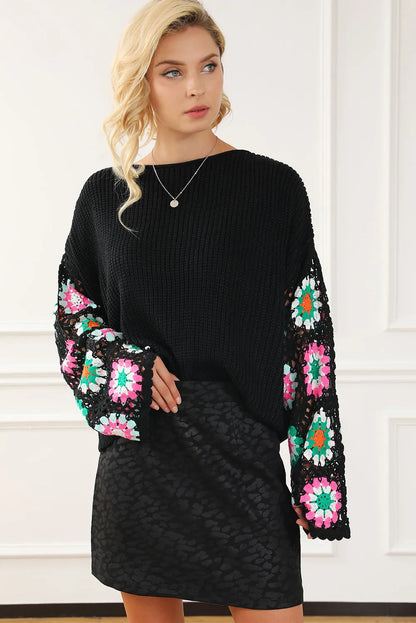 Black Floral Crochet Bell Sleeve Loose Sweater - Chic Meadow Boutique 