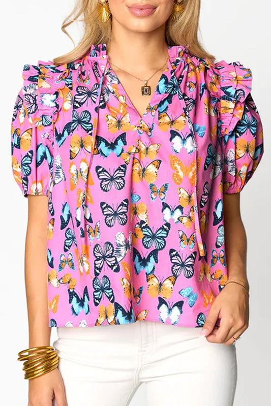 Purple Butterfly Print Ruffled Puff Sleeve Tied V Neck Blouse - Chic Meadow Boutique 