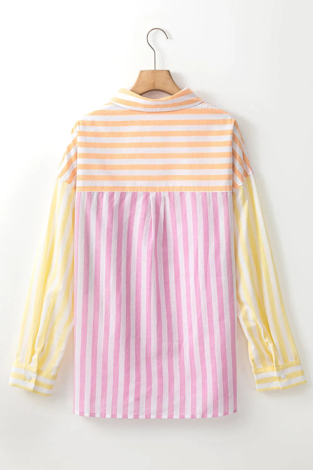 Pink Stripe Contrast Collar Long Sleeve Patchwork Shirt - Chic Meadow Boutique 