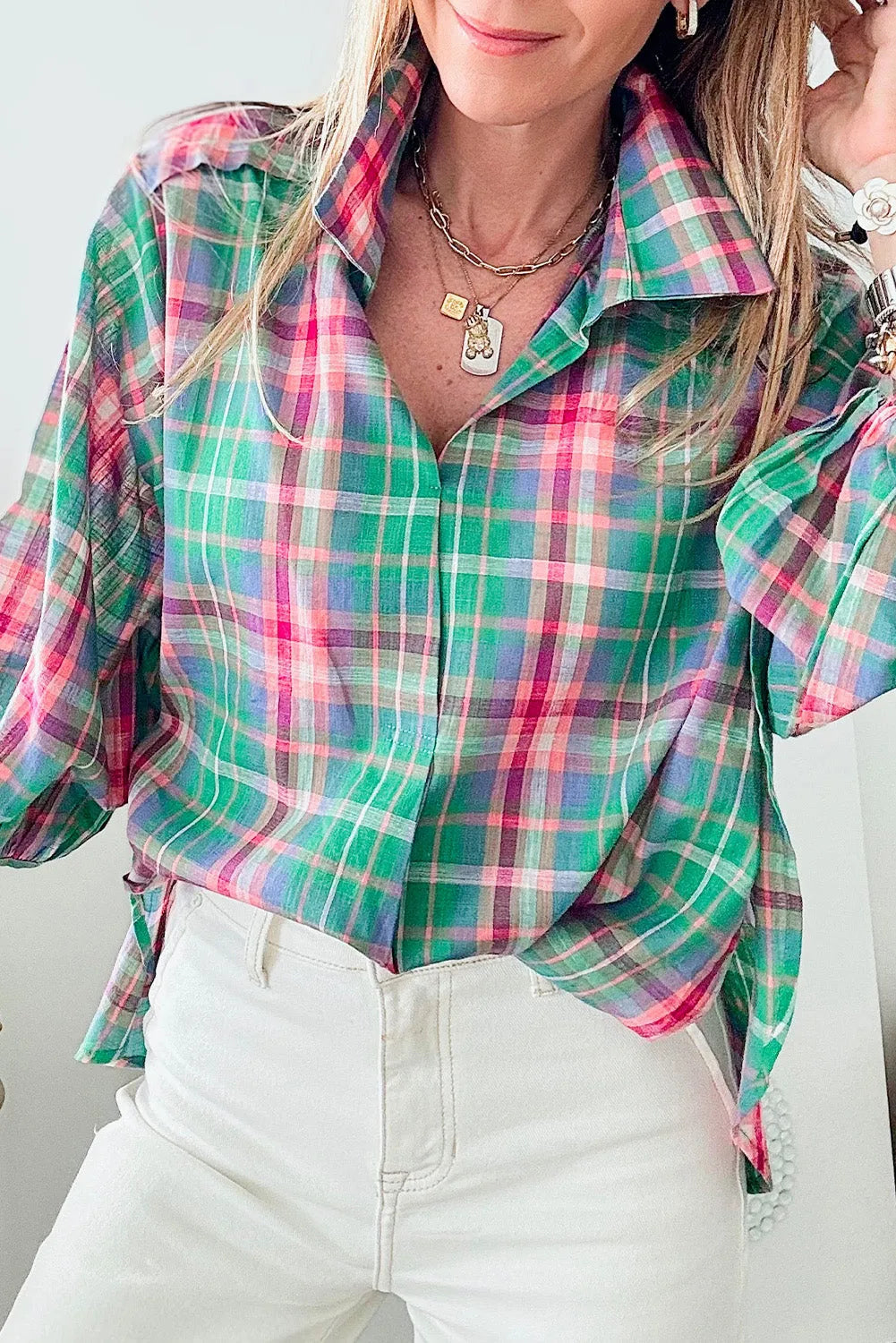 Green Checkered 3/4 Sleeve Collared Loose Fit Shirt - Chic Meadow Boutique 