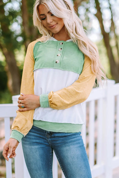 Yellow Colorblock Button Accent Pullover Hoodie - Chic Meadow Boutique 