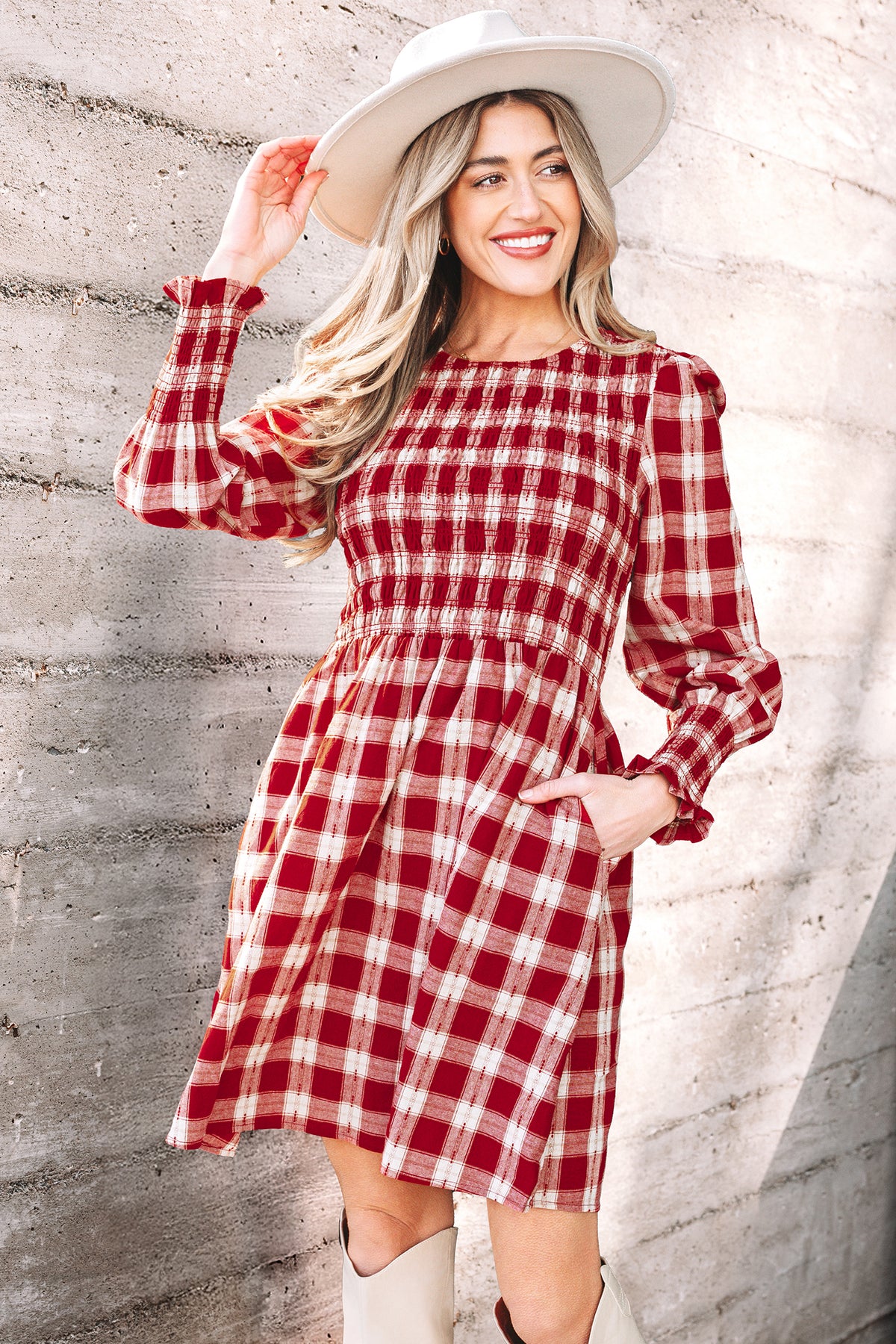 Red Plaid Print Smocked Puff Sleeve Mini Dress