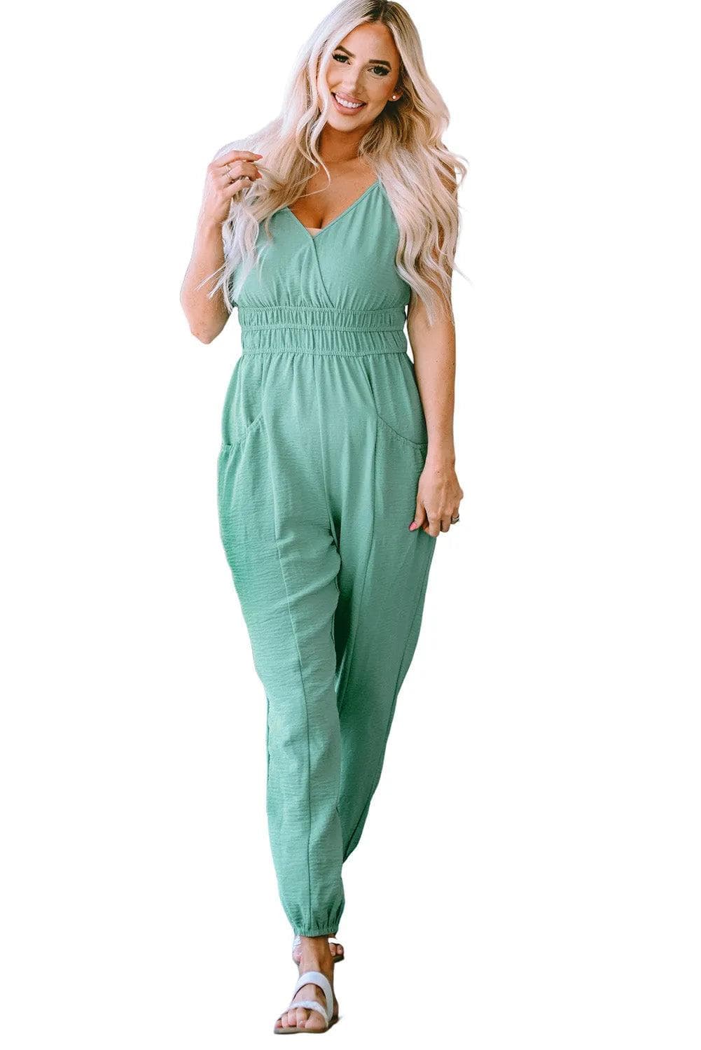 Bottoms/Jumpsuits & Rompers Green Shirred High Waist Sleeveless V Neck Jumpsuit