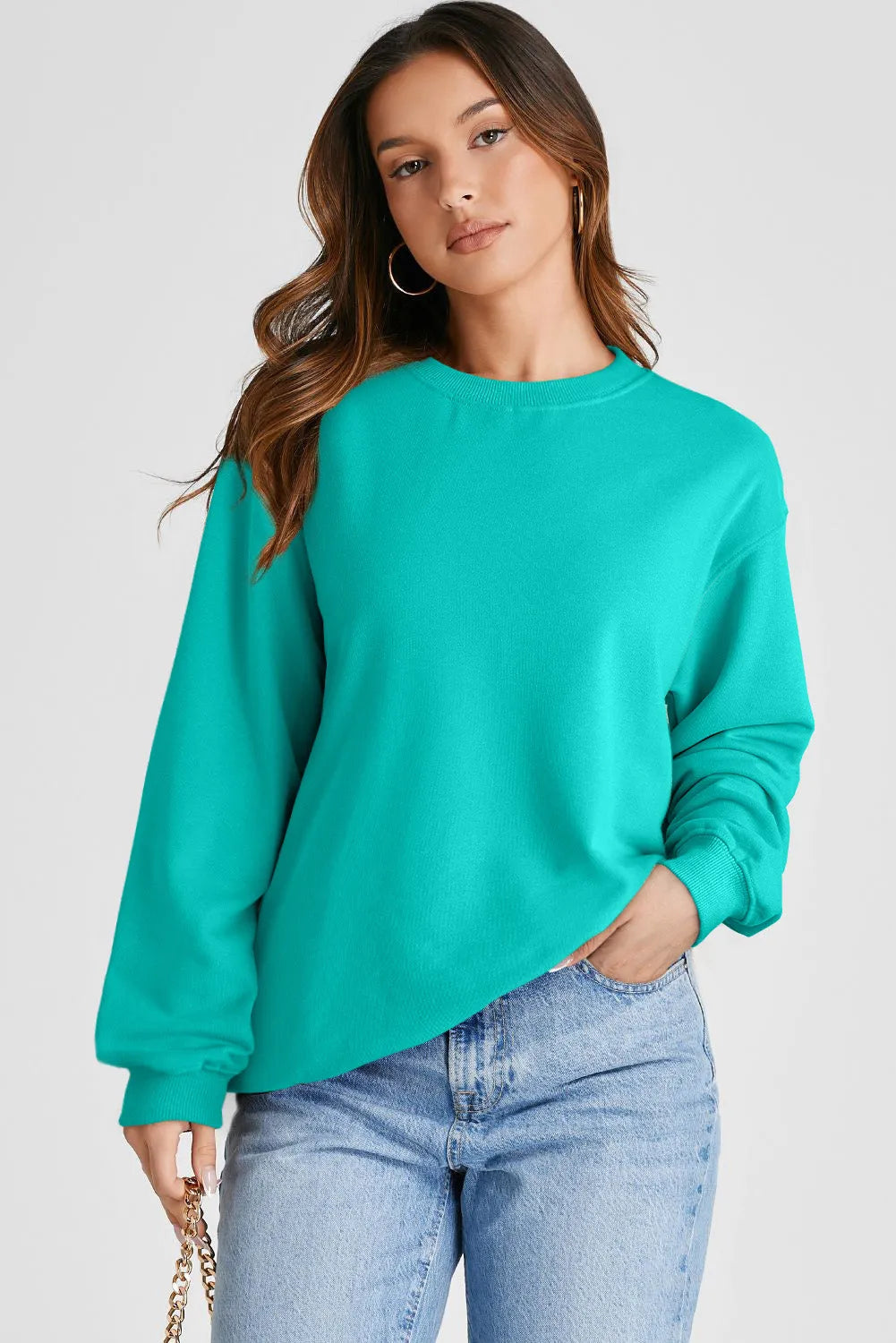 Aruba Blue Plain Drop Shoulder Crewneck Pullover Sweatshirt - Chic Meadow Boutique 