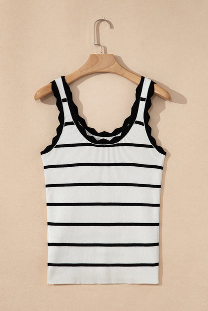 Black Striped Scalloped Edge U Neck Sleeveless Sweater Vest